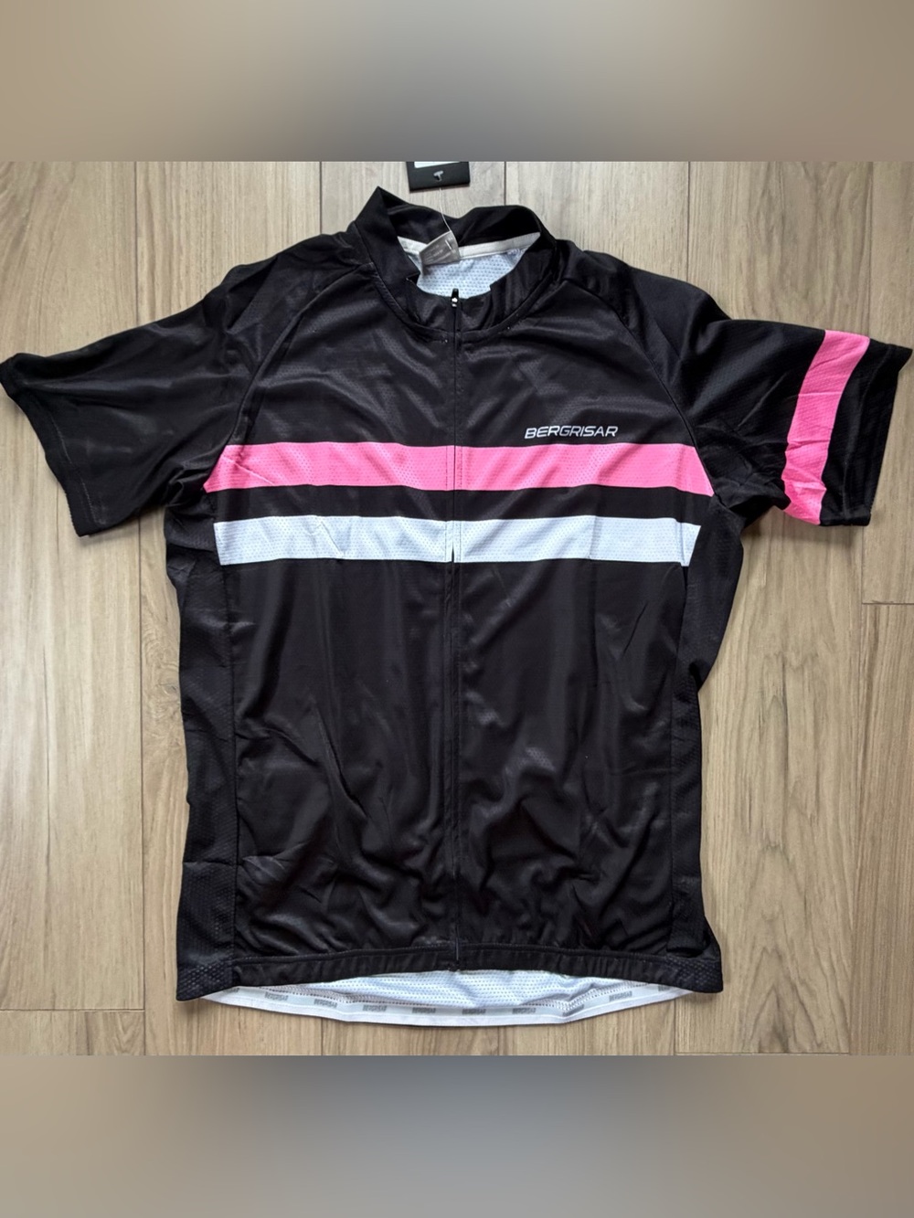 BERGRISAR Black Cycling Jersey with Pink & White Stripes Sz XL NWT